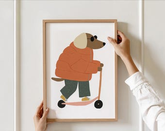 Nursery Wall Art – Cool Dog on Scooter Print, Kids Room Animal Poster, Playful Illustration, Toddler Boys Room Art, Whimsical Pup Print