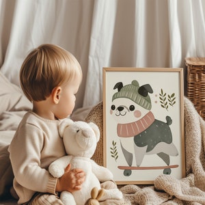 Stampa di skateboard Bulldog, arte murale per la cameretta dei bambini, arte murale stravagante con cani, arredamento per la sala giochi, stampa eclettica per la cameretta dei bambini, arte murale per la cameretta dei ragazzi