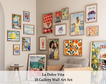 Summer Gallery Wall Art, Mediterranean Travel, Italy La dolce vita Prints, Eclectic, Vibrant Coastal & Food Posters Set