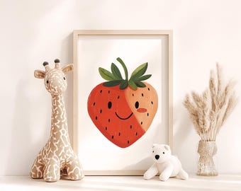 Happy Strawberry Wall Art Print, Kids Room Decor, Nursery Wall Art, Fruit Poster, Whimsical Strawberry Illustration for Baby Room