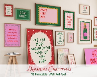 Pink Christmas Gallery Wall Set of 18 Prints | Retro Holiday Wall Art | Colorful Dopamine Decor | Modern Maximalist Christmas Printables