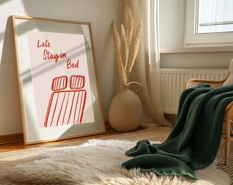Impresión "Quedémonos en la cama", arte de pared acogedor para dormitorio, ilustración de arte lineal minimalista, decoración de apartamentos, arte para habitación de adolescentes para un día de descanso.