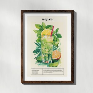 Wydruk koktajlu Mojito, przepis na koktajle, sztuka na wózek barowy-dekoracja półki kuchennej, maksymalistyczna sztuka ścienna, plakat z podpisem koktajlowym