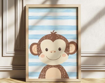 Cute Monkey Nursery Wall Art, Boys Room Decor Animal Print, Playroom Monkey Portrait, Toddler room decor, Printable Poster Stripe background
