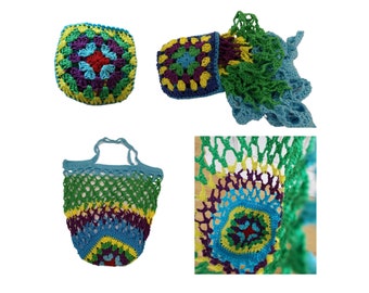 Filet à fruits et légumes au crochet - Sac shopping pliable écologique en étui - Sac en filet au crochet - Filet au crochet avec fond - Filet de marché