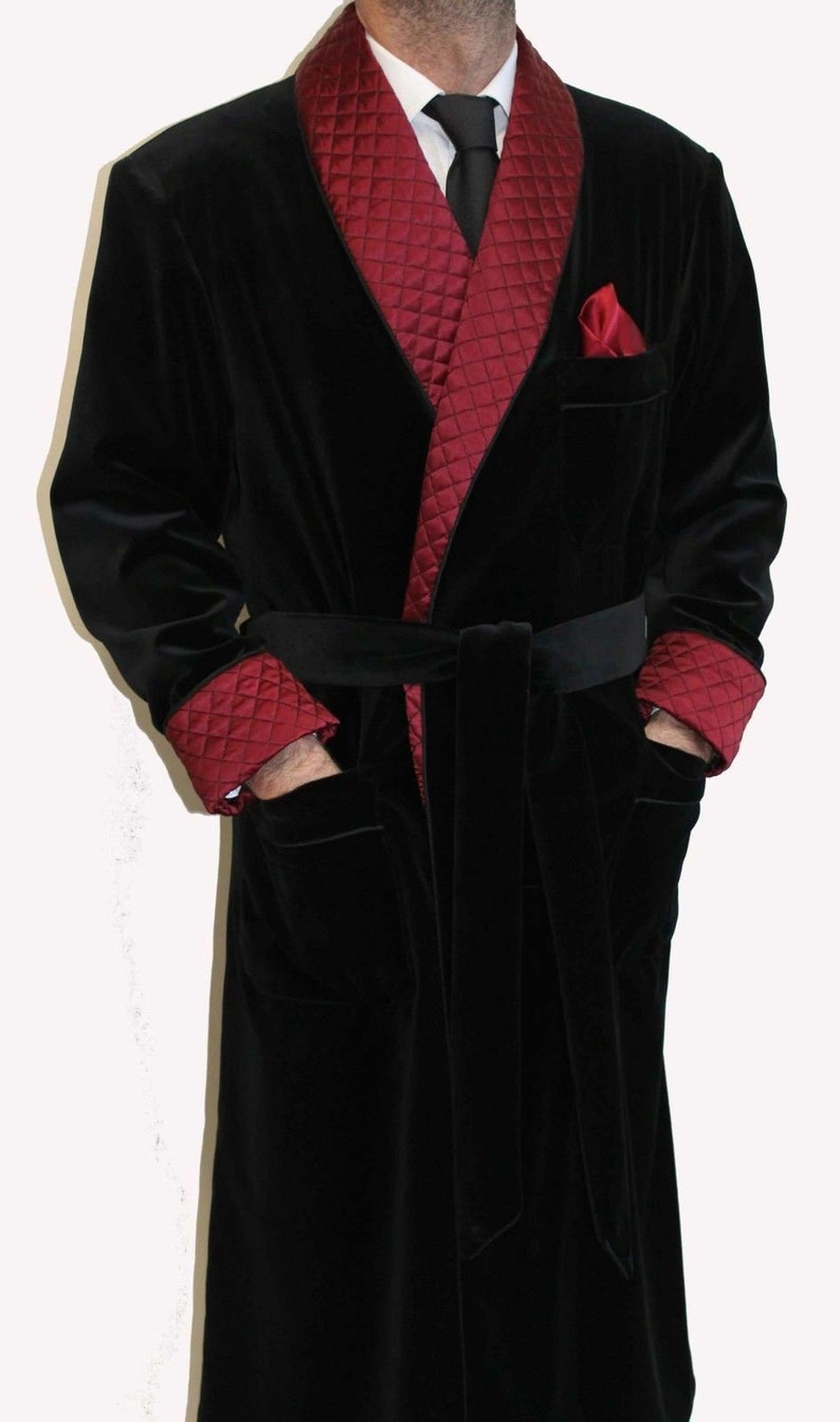 Long Smoking Jacket Men Dressing Gown Black Velvet Robe Blazer Coat ...