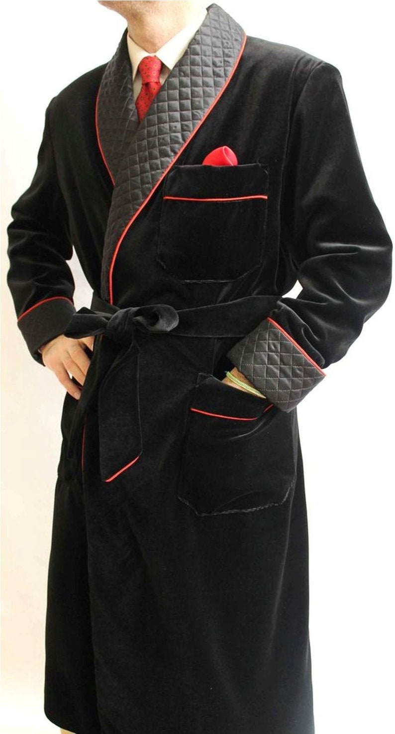 Mens Handmade Black Velvet Quilted Smoking Jacket Robe de image 0