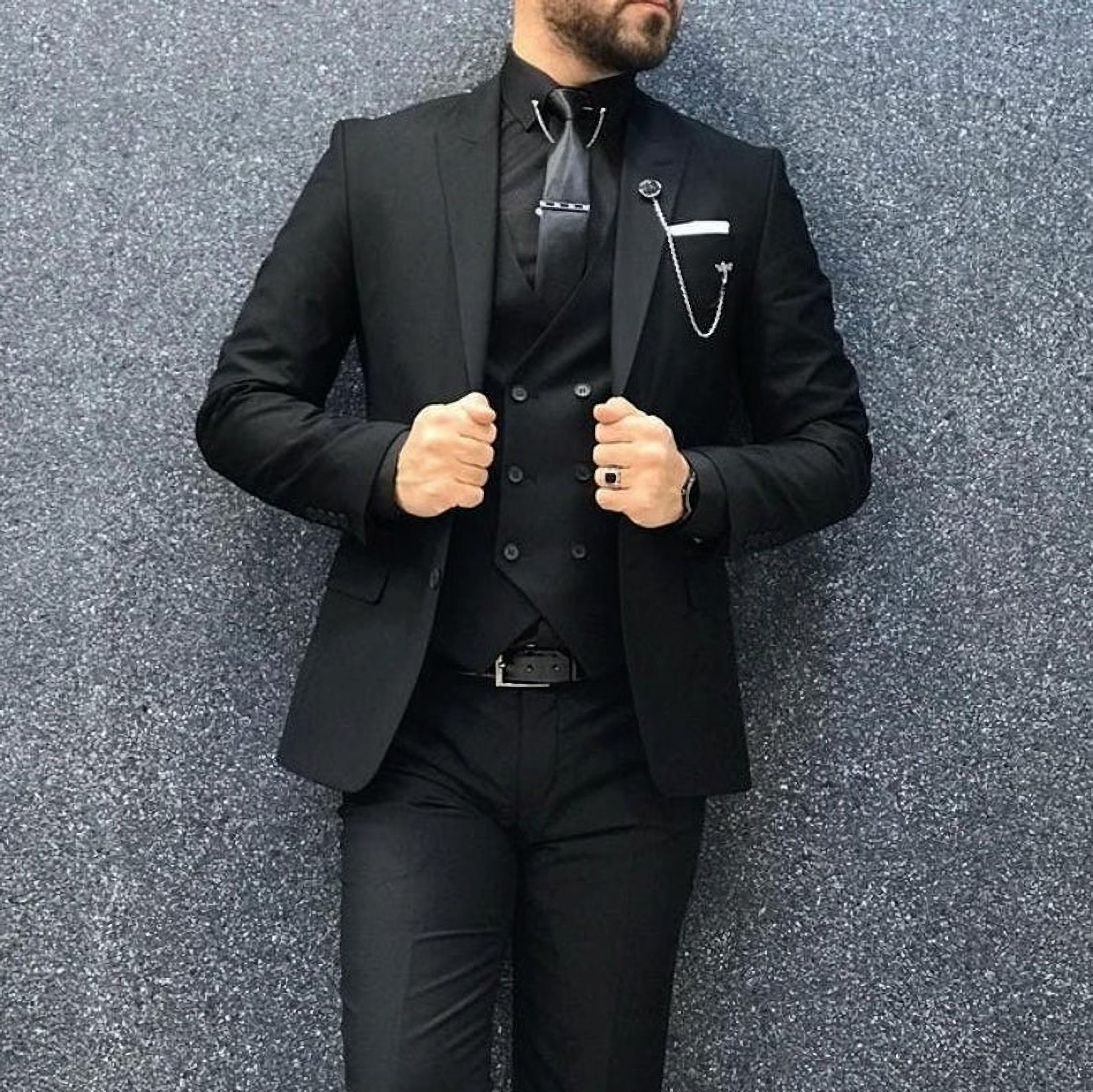 Three Piece Black Mens Suit for Wedding Engagement Prom Groom
