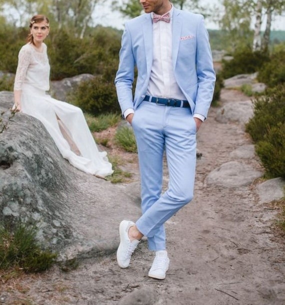 Men Suits Wedding Suits 2 Piece Groom Wear Light Blue One