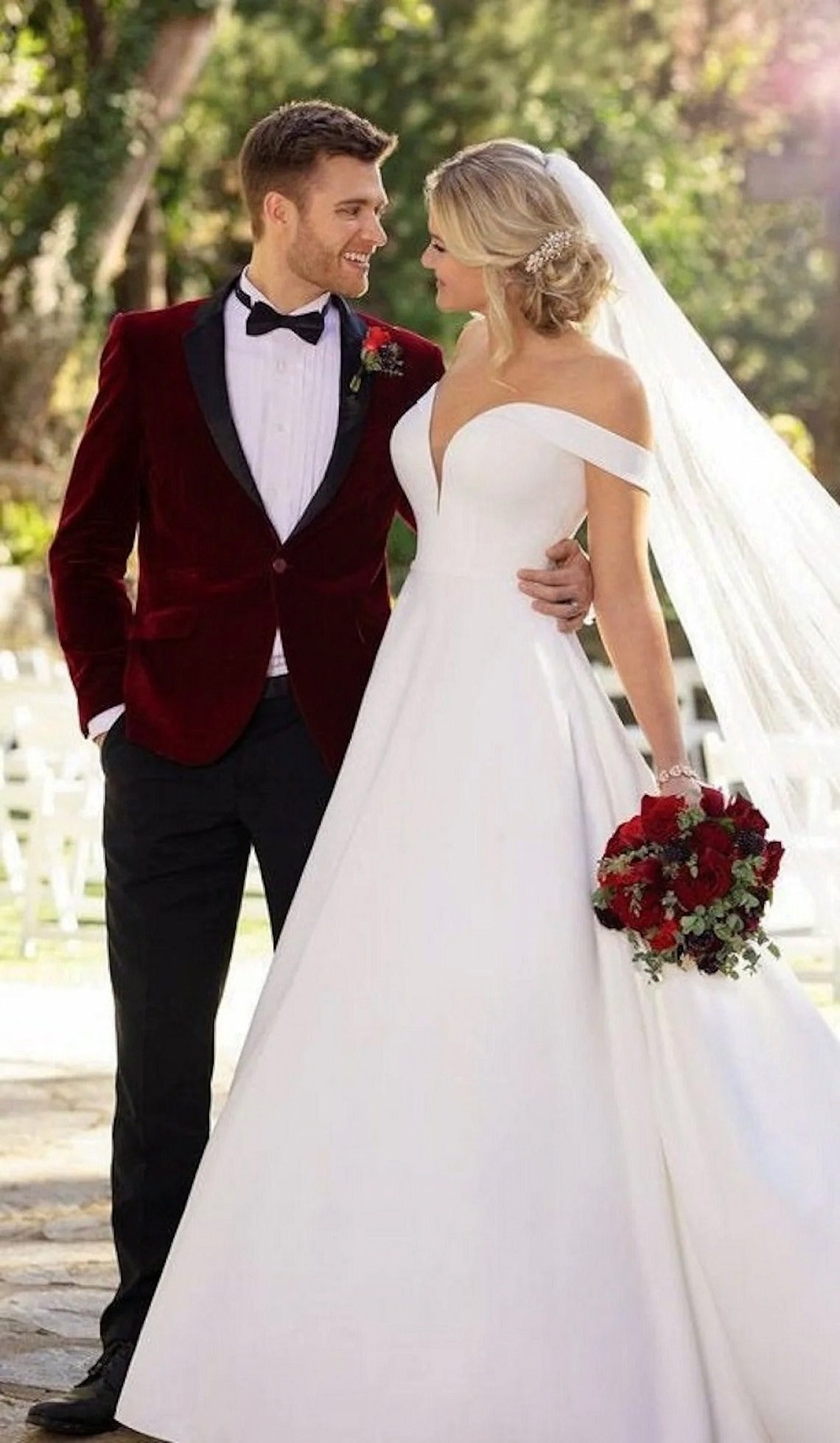 Maroon and cheap white tuxedo