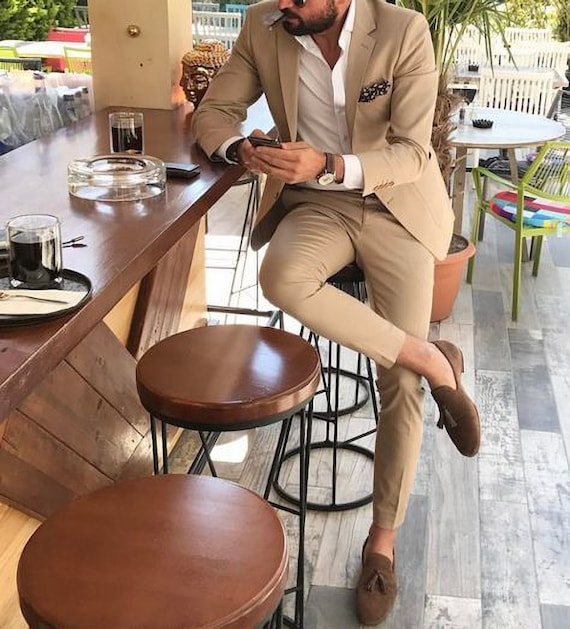 Men Dress, Beige Suits, Wedding Suits, Grooms Wear Suit, 2 Piece