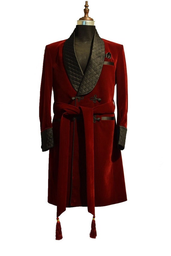 Chaqueta de fumar Vestido largo Hombres Terciopelo rojo Robe de