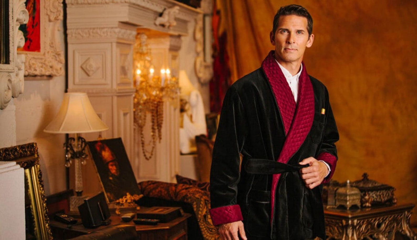 Men Smoking Jacket Dressing Gown Black Velvet Robe Blazer Coat image 1.