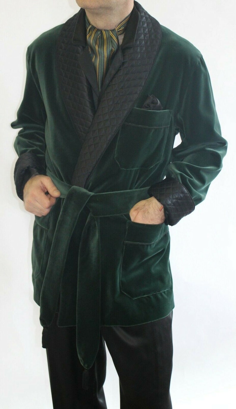 Man Green Dressing Gown Smoking Jacket Black Quilted Silk Warm Luxury