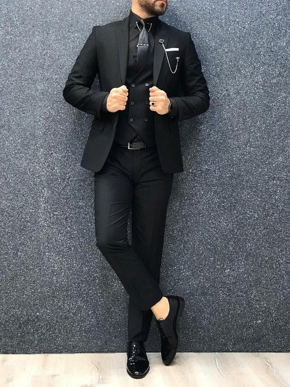 Suits for Men, Black Suits, Black Three Piece Wedding Suit