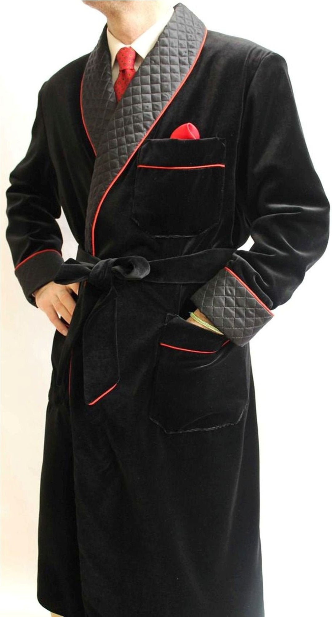 Smoking Jacket Velvet Navy Shell Satin Embroidery Hip Length Rack Size Clothing Mens Clothing Pyjamas & Robes Robes 