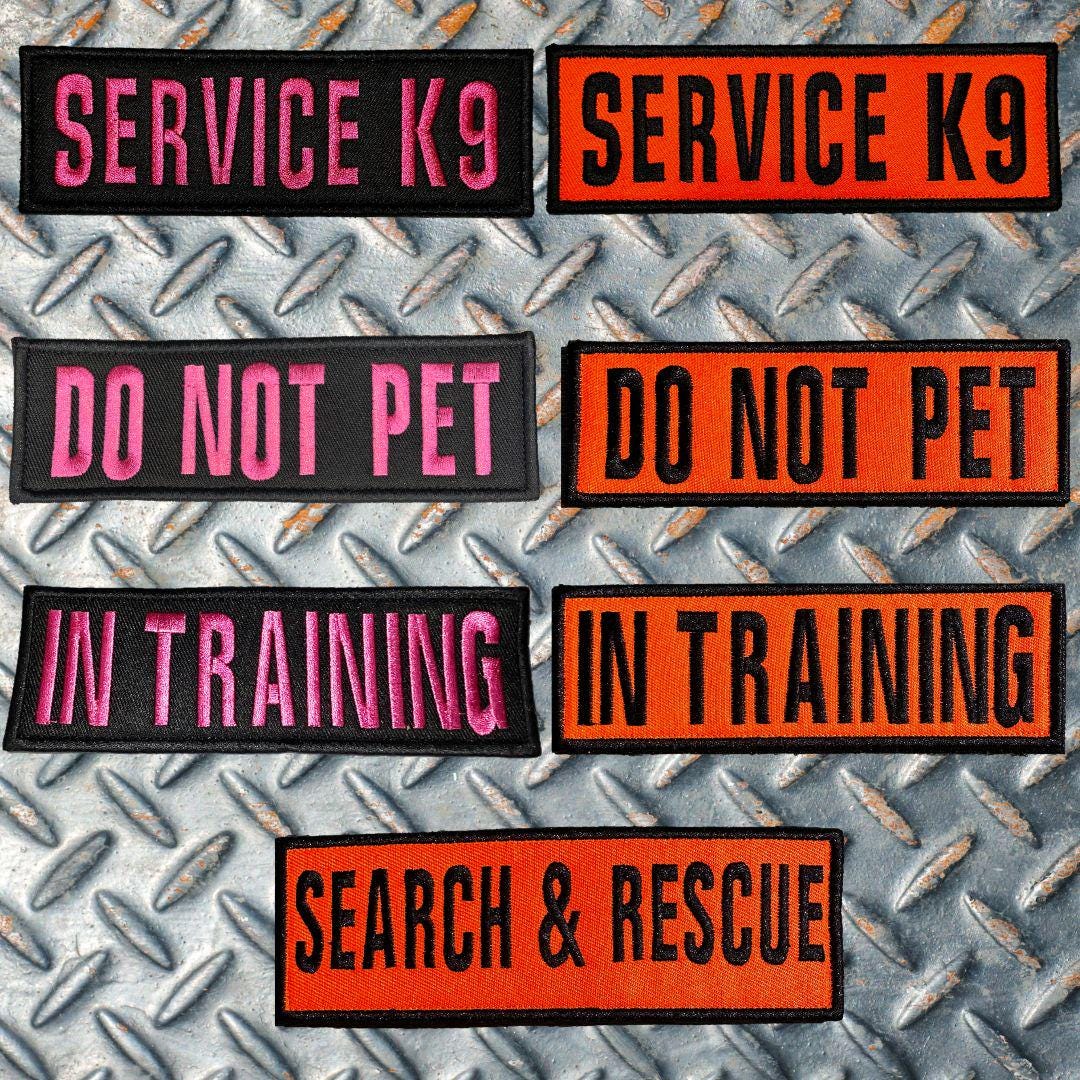 2 PACK - Dog Vest K9 Collar Patches 2"X6" for Working Dogs, K9s or Pets - Bright Pink Or Black on Orange - Hook Loop Backing Or Can Be Sewn