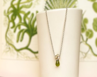 Birthstone August - Peridot teardrop with dodecahedron necklace, silver or rose gold plated