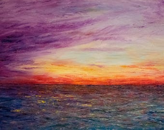 May include: An oil painting depicts a sunset over the ocean. The sky transitions from deep purple to orange and yellow, with the ocean in shades of blue. The brushstrokes create a textured, impressionistic effect, capturing the light and atmosphere.