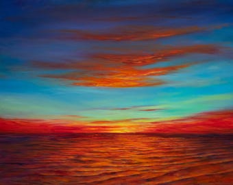 May include: An oil painting depicting a vibrant sunset over a body of water. The sky transitions from deep blue to orange and red hues, reflecting on the water's surface. The artwork evokes a sense of tranquility and warmth.