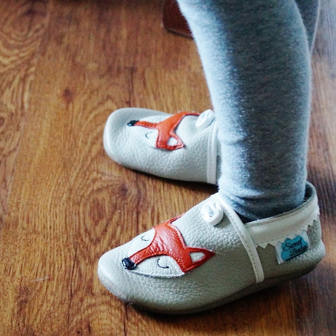 Personalized Embroidered Baby Slippers, Fox Leather Soles