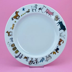 Large porcelain plate for CHILDREN - motif "Animals on the farm" cow pig horse turkey cat sheep dog bees