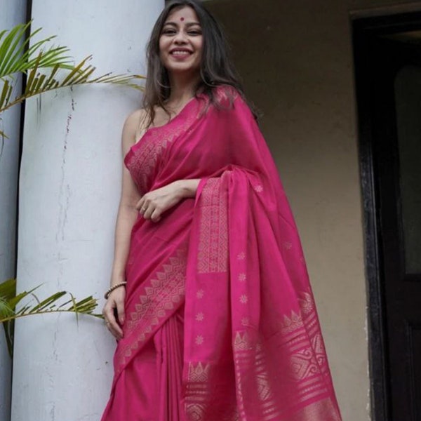 Pink Color Saree With Blouse Piece, Indian Saree For Women Bollywood Saree Best Gift For Her Cotton Silk Saree Saree.