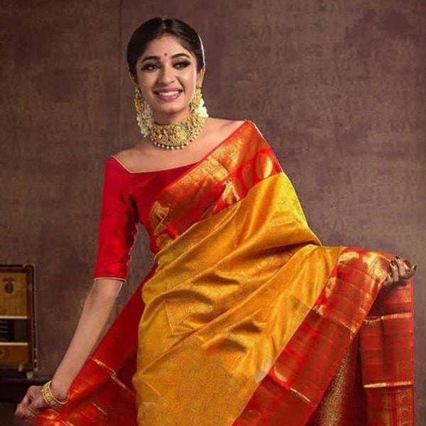 Women's Kanjivaram Soft Silk Saree With Blouse Piece Indian Saree For Women