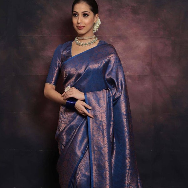 Navy Blue Color Saree With Blouse Piece Semi Silk Banarasi Silk Saree Indian Saree For Women Best Gift For Her.