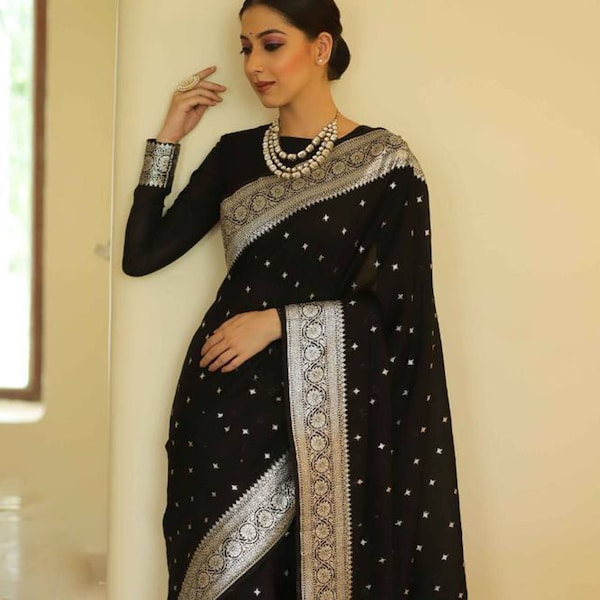 Saree noir avec pièce de chemisier Saree indien pour femme Banarasi Saree en soie semi-sari Saree de mariage Meilleur cadeau pour elle