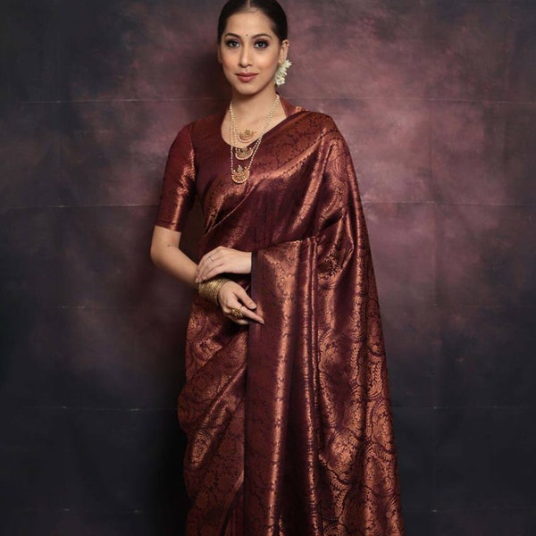 Maroon Color Saree With Blouse Piece Semi Silk Banarasi Silk Saree Indian Saree For Women Best Gift For Her.