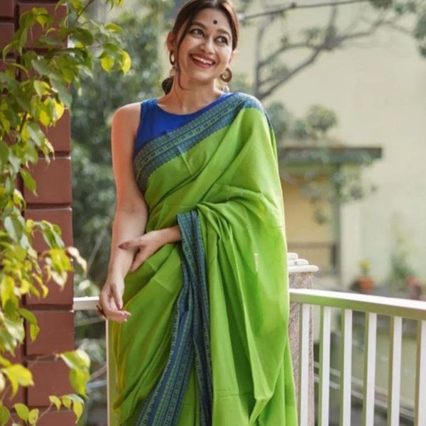 Papegaai groene kleur Saree met katoenzijde Saree Indiase Saree voor vrouwen Bollywood Saree Beste cadeau voor haar