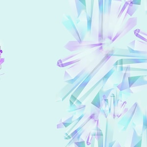 Könnte beinhalten: Abstraktes Design mit einem sich wiederholenden Muster aus blauen, violetten und weißen Kristallformen auf hellblauem Hintergrund. Der Text "Find Magic in Every Day" ist in violetter Kursivschrift geschrieben.