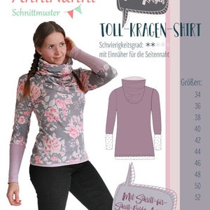 Puede incluir: Un patrón de costura para una camisa con un cuello grande. El patrón incluye instrucciones para una guía paso a paso. El patrón está disponible en las tallas 34 a 52. La imagen muestra a una mujer usando una camisa floral con un cuello grande.