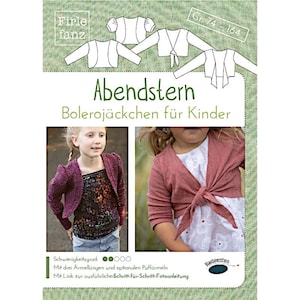 Op de afbeelding: Een naaipatroon voor een kinderbolerojack genaamd "Abendstern" van Firle Fanz. Het patroon bevat drie mouwlengtes en optionele pofmouwen. Het patroon is verkrijgbaar in de maten 74-164 cm.