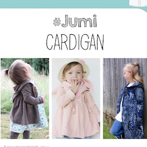 Könnte beinhalten: Ein Schnittmuster für einen Cardigan namens "#Jumi Cardigan" für Kinder, Größen 74-164 cm. Das Schnittmuster beinhaltet Anleitungen für Taschen, Falten und Futter. Das Schnittmuster ist für Mädchen und Jungen.