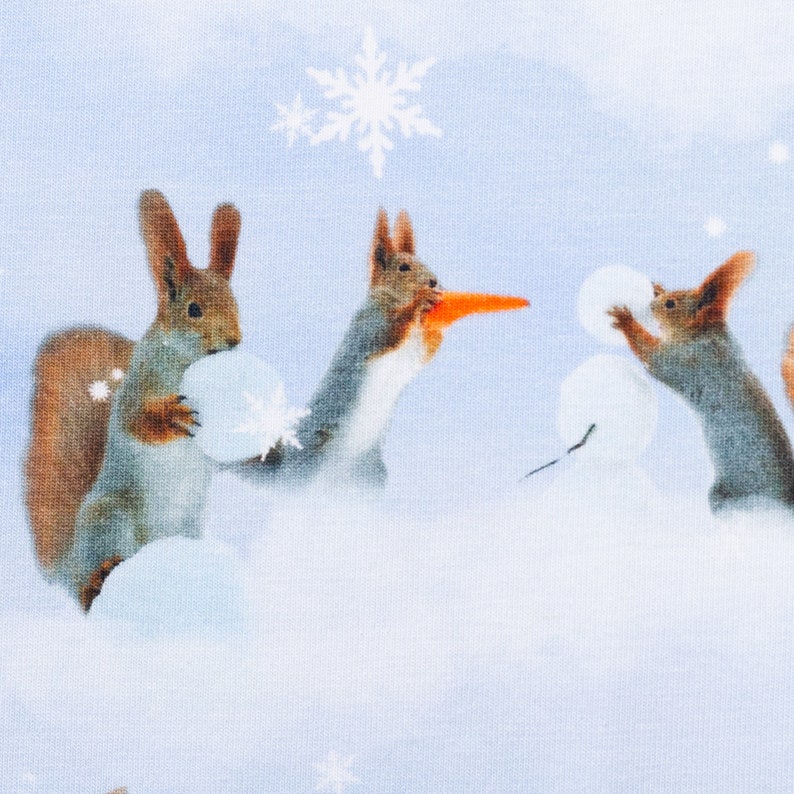 以下が含まれることがあります： 雪の中で遊ぶリスが3匹います。1匹は雪玉を持っていて、もう1匹はニンジンを持っていて、最後の1匹は雪玉を投げようとしています。