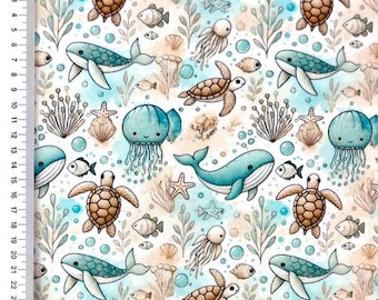 BW-Jersey Wal Schildkröte Qualle 0,5 m Jerseystoff Baumwolljersey Stoff Unterwasser Meer Tiere Wasser blau beige braun