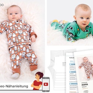 May include: A sewing pattern for a baby romper with a video tutorial. The pattern is called "Pippa Babyromper" and includes instructions for sizes 56-86 cm. The pattern is shown on a white background with a baby wearing the romper.