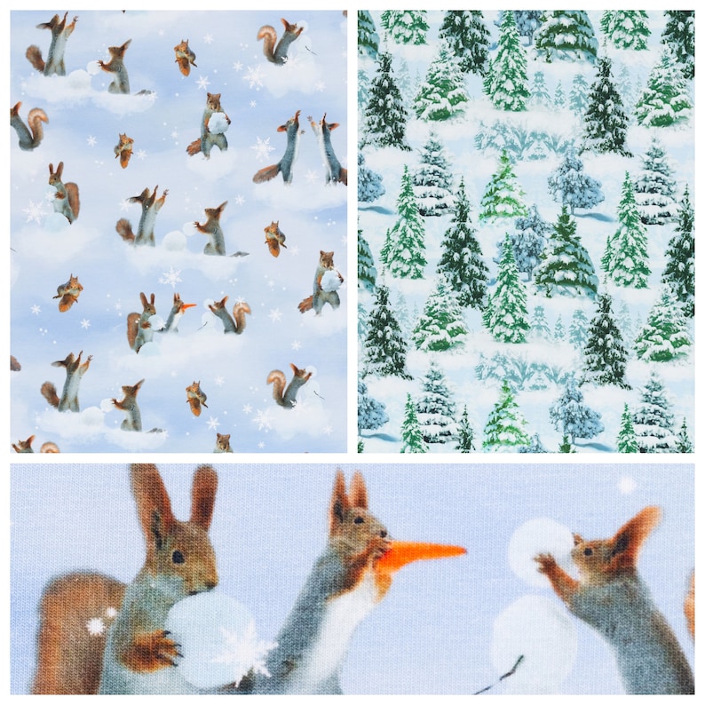 以下が含まれることがあります： 雪玉を持ったリスが繰り返し描かれた青と白の生地。生地は、雪が積もった白い背景に緑色の松の木の縁取りで囲まれている。