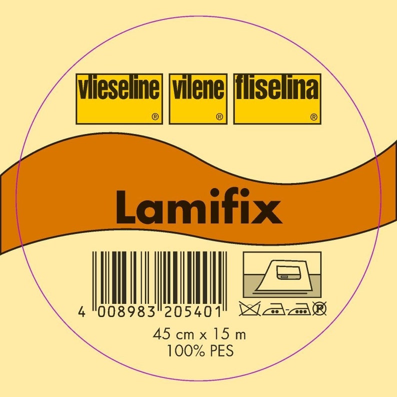 May include: A roll of Lamifix interfacing material. The label features the brand names "vlieseline", "vilene", and "fliselina" in yellow boxes. The label also includes a barcode, washing instructions, and the dimensions: 45 cm x 15 m.