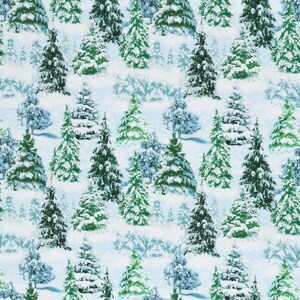 以下が含まれることがあります： 薄い青色の背景に、雪に覆われた常緑樹のシームレスなパターン。木は緑と青の様々な色合いで、枝には白い雪が積もっています。