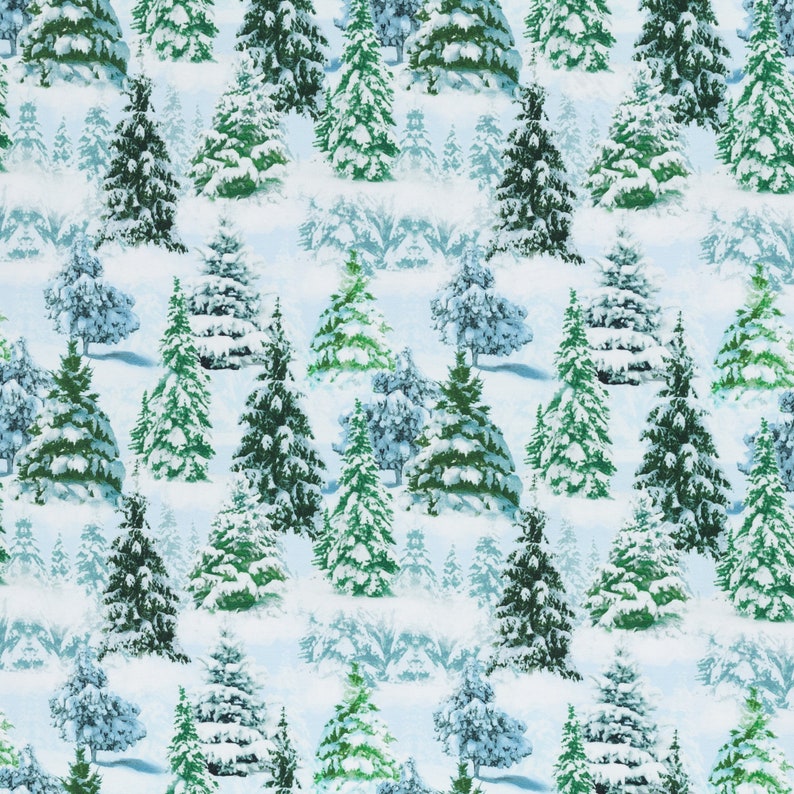 以下が含まれることがあります： 薄い青色の背景に、雪に覆われた常緑樹のシームレスなパターン。木は緑と青の様々な色合いで、枝には白い雪が積もっています。