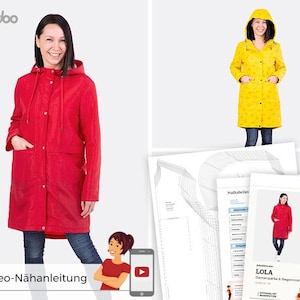 Può includere: Un cartamodello per un impermeabile con cappuccio chiamato Lola, che include un impermeabile rosso, uno giallo con un piccolo motivo e fogli di istruzioni stampati con il testo pattydoo, Mit Video-Nähanleitung e LOLA Damenparka & Regenmantel.