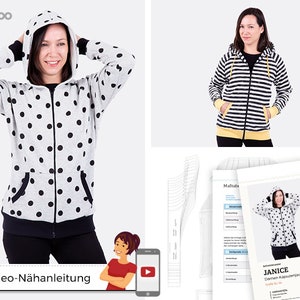 Può includere: Una felpa con cappuccio grigia a pois neri con cerniera nera. La felpa ha cappuccio, tasche e finiture nere. L'immagine mostra anche una felpa con cappuccio a righe bianche e nere con cerniera e finiture gialle. Include un modello e un tutorial video.