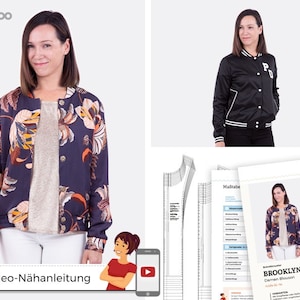 Può includere: Una donna indossa un bomber blu navy con fantasia floreale e un bomber nero con strisce bianche. Il testo "Mit Video-Nahanleitung" è visibile. L'immagine mostra anche modelli di cucito per le giacche.