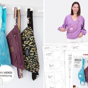 Könnte beinhalten: Drei Bauchtaschen in verschiedenen Ausführungen: eine hellblaue Cordtasche, eine gesteppte kastanienbraune Tasche und eine schwarz-goldene Tasche mit Leopardenmuster. Jede hat einen verstellbaren Riemen, Metallbeschläge und ein kleines Etikett.