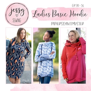 Könnte beinhalten: Das Bild zeigt ein rosa Logo mit dem Text "Jessy Sewing" und "Ladies Basic Hoodie". Drei Frauen modeln verschiedene Hoodie-Designs. Die Hoodies sind grau mit orangefarbenen Flecken, blau floral und rot-rosa Farbblöcken.