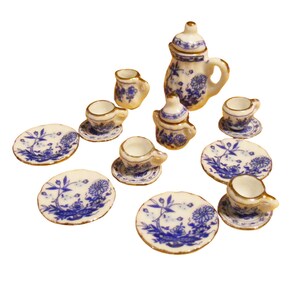 Dollhouse 1:12 Selection - Coffee Service Tea Service Flowers with Gold Rim Porcelain 15-piece Granatapfel