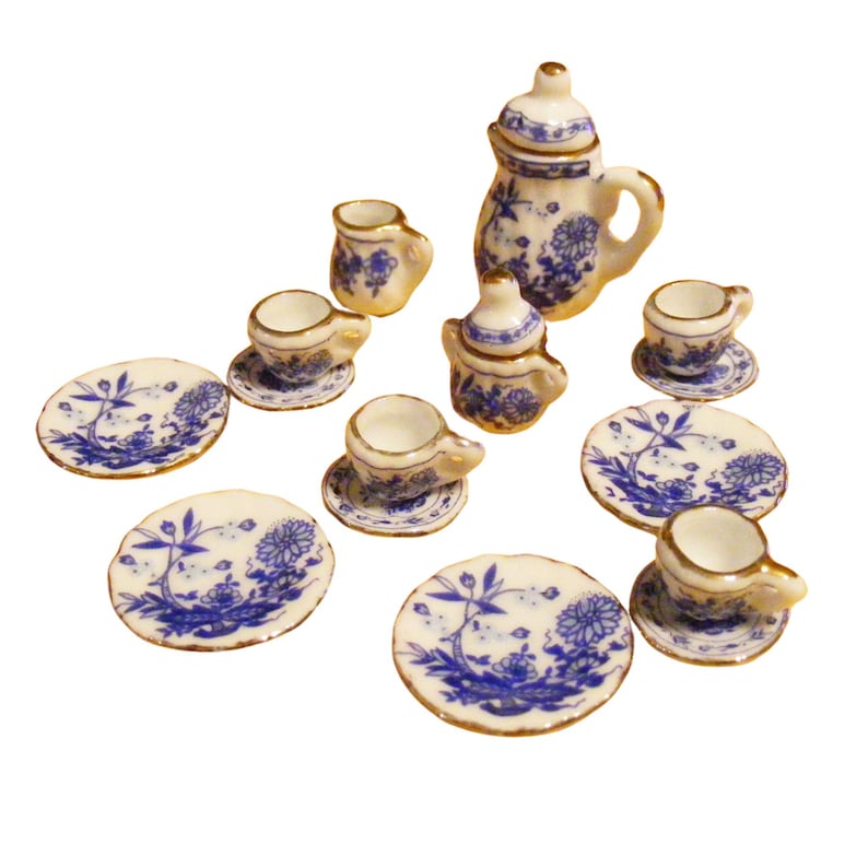 Dollhouse 1:12 Selection - Coffee Service Tea Service Flowers with Gold Rim Porcelain 15-piece Granatapfel